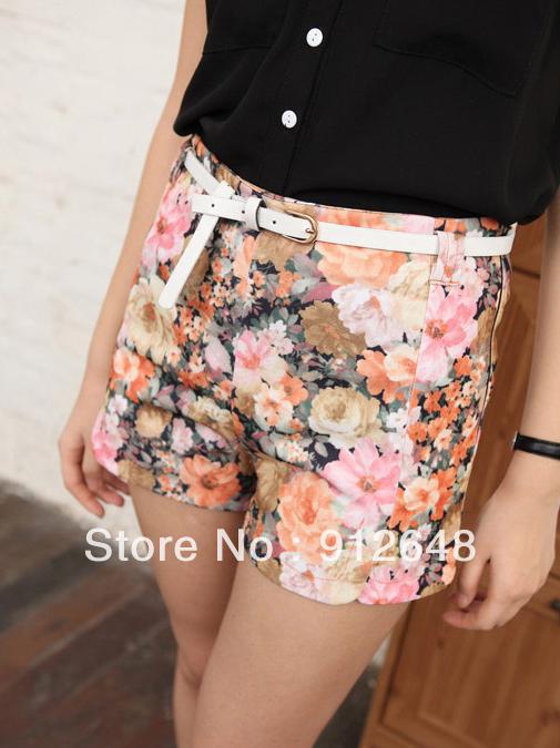 Free   shipping   Rose flowers tall waist straight shorts to send belt#