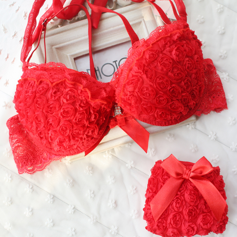 free shipping! Rose front button bra set sexy halter-neck romantic three-dimensional flower underwear red