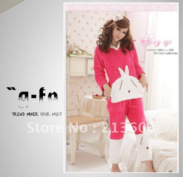 FREE SHIPPING  rose redcute cartoon rabit thickening coral fleece Pajamas  M73, women's sleepwear