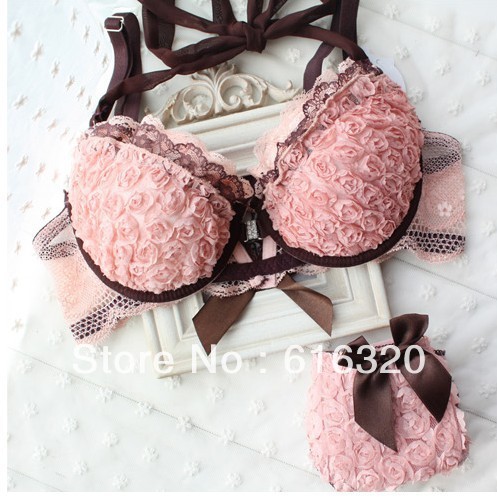 Free shipping rose sweet front button bra set sexy halter-neck romantic three-dimensional flower underwear set