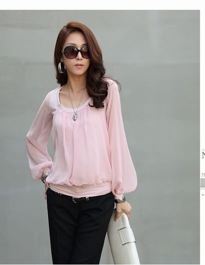 Free Shipping Round Collar Long Puff Sleeve Leave Two Chiffon Blouse Lady Style Breathable 3 Colors Wholesale And Retail B-E229