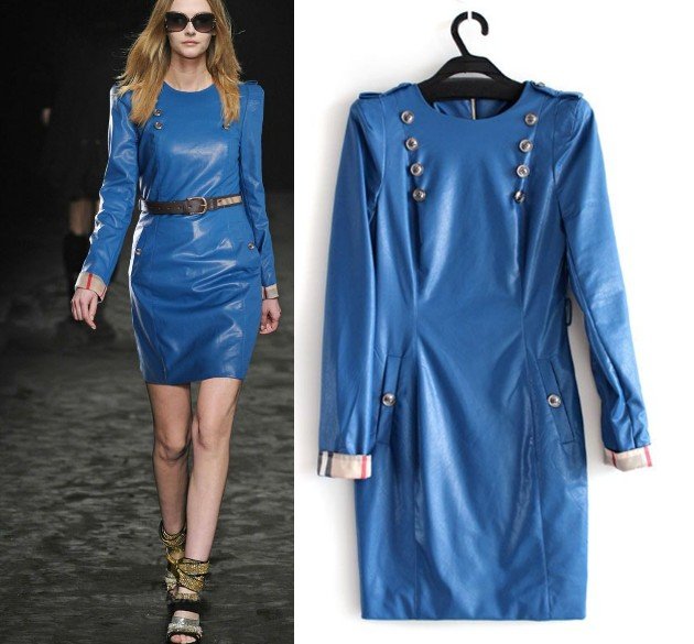 Free Shipping royal blue high quality PU leather dress for office lady