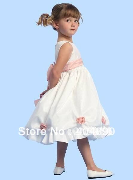 Free shipping ruffle ball gown flowered bowed knee long flower girl dresses