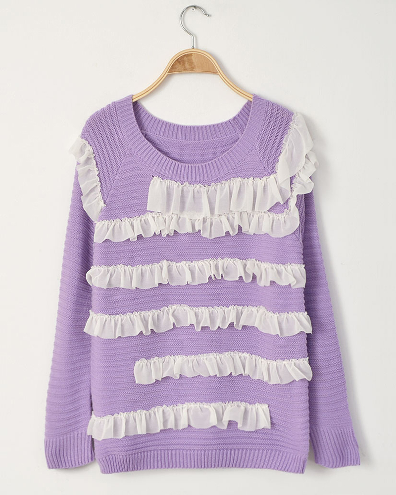 Free Shipping Ruffle chiffon patchwork sweet long-sleeve pullover sweater 4 wholesale