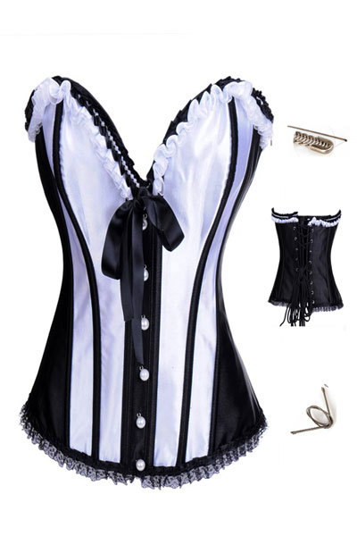 Free shipping! Ruffled BlacK&White Steel Bone Women Corset Sexy Lingerie Satin LB4460