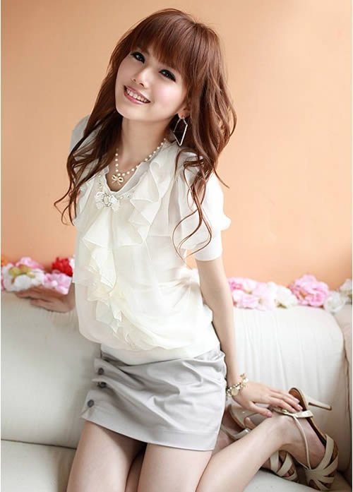 Free shipping ruffles patchwork solid    short sleeve casual women chiffon blouse shirt new fashion 2012