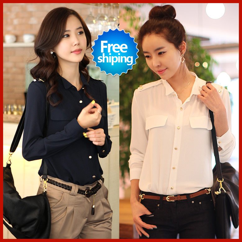 Free shipping sale woman 2012 spring fashion designer Hot OL shirt solid color long-sleeved Chiffon lady blouses S M L XL