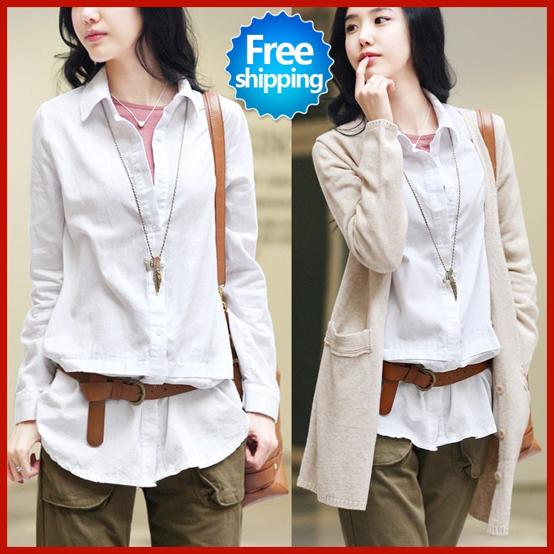 Free shipping sale woman 2012 Spring New Korean elegant ladies lapel cotton long-sleeved shirts Blouses S M L XL
