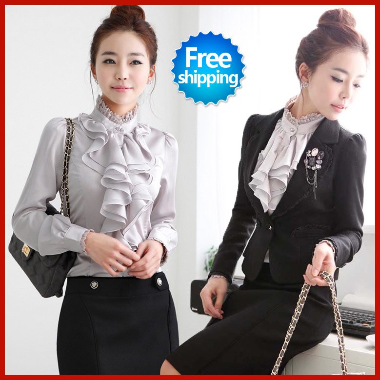 Free shipping sale women 2012 Spring New leisure elegant ladies O NECK flouncing cotton long-sleeved shirts Blouses S M L XL