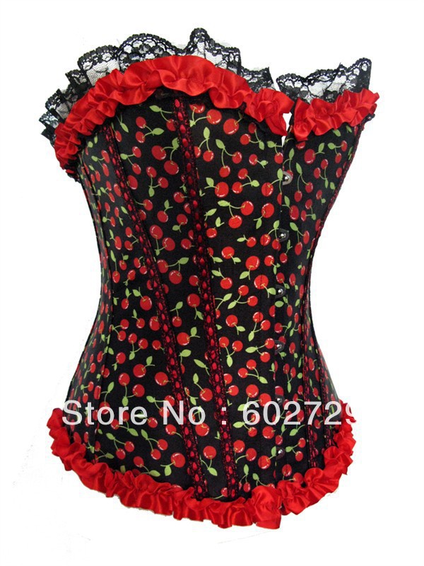 Free shipping, satin with cherry print boned lace up corset bustier lingerie with lace trim dropship S-2XL