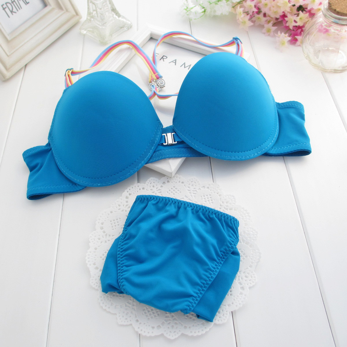 free shipping! Seamless front button push up sexy blue underwear set thick cup bra set