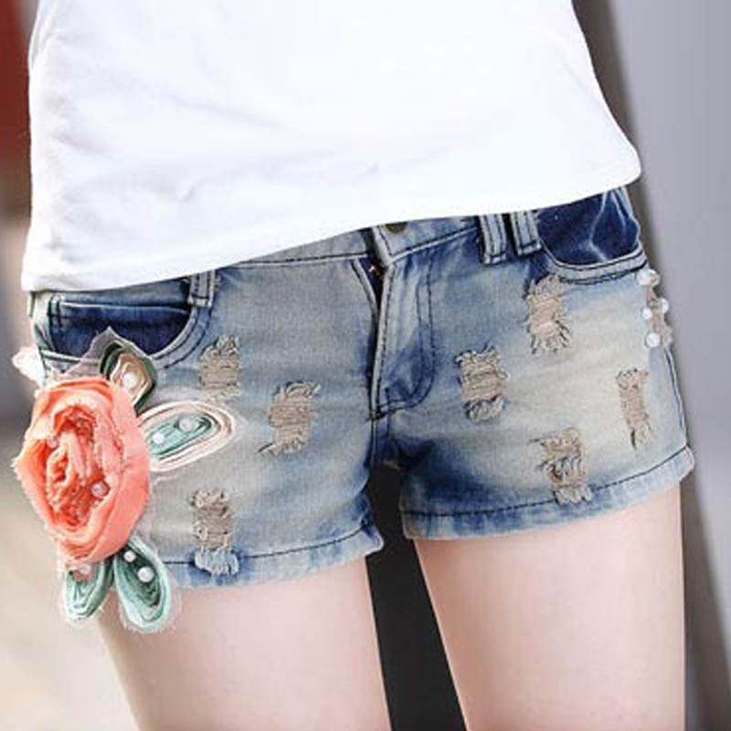 Free Shipping! Seasons Slim large size women Korean fashion flowers decorated female denim shorts