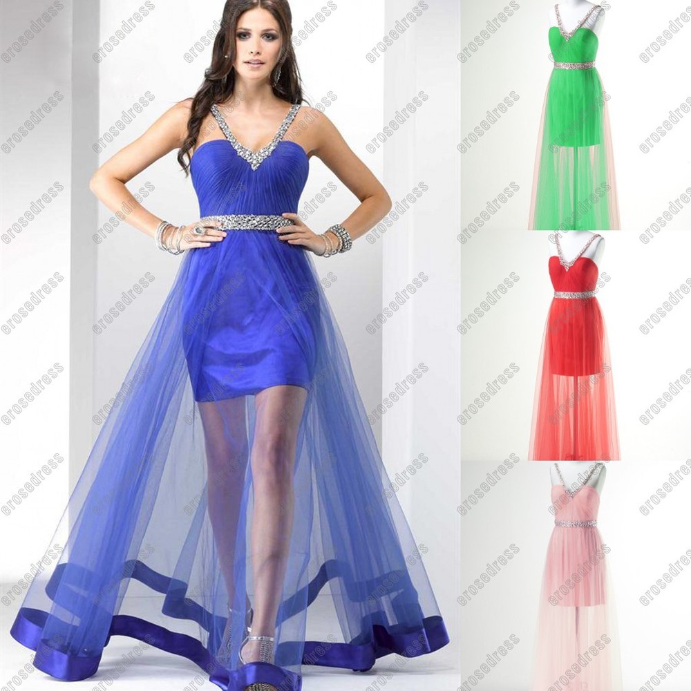 Free Shipping See Through Floor Length V-Neck Tulle Bridesmaid Evening Prom Dress 005
