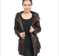 Free shipping Sell like hot cakes new women leisure leather natural sheepskin leather hooded lady slim leather jacket coat