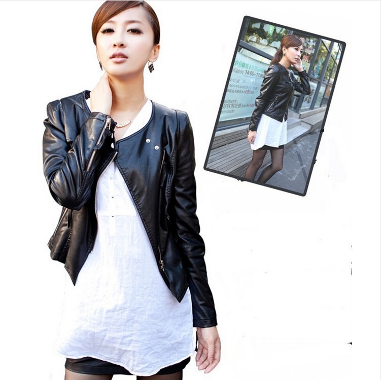 Free shipping Sell like hot cakes women slim leather jacket coat 100% sheepskin leather round collar Inclined zipper fashion