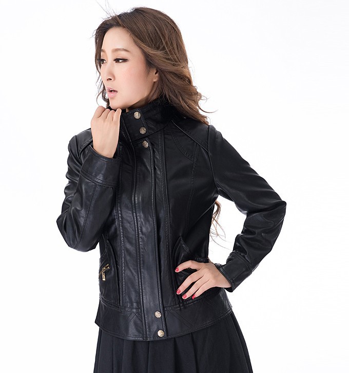 Free shipping Sell like hot cakes women slim leather jacket coat mandarin collar lady fashion leather jacket coat