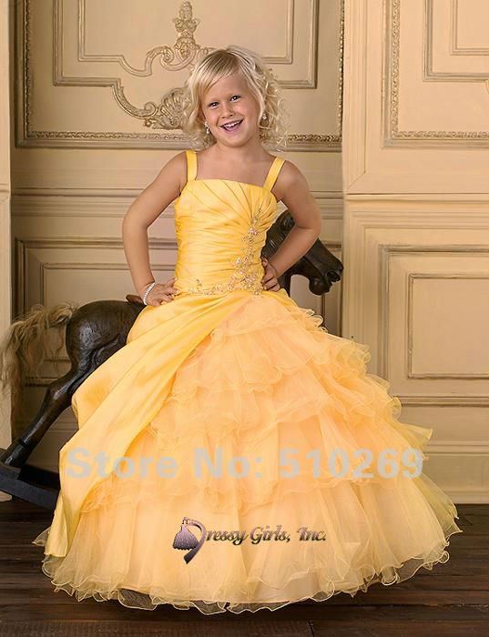 Free Shipping  Sequined Yellow Satin and Organza Spaghetti Straps Flower Girl Dresses