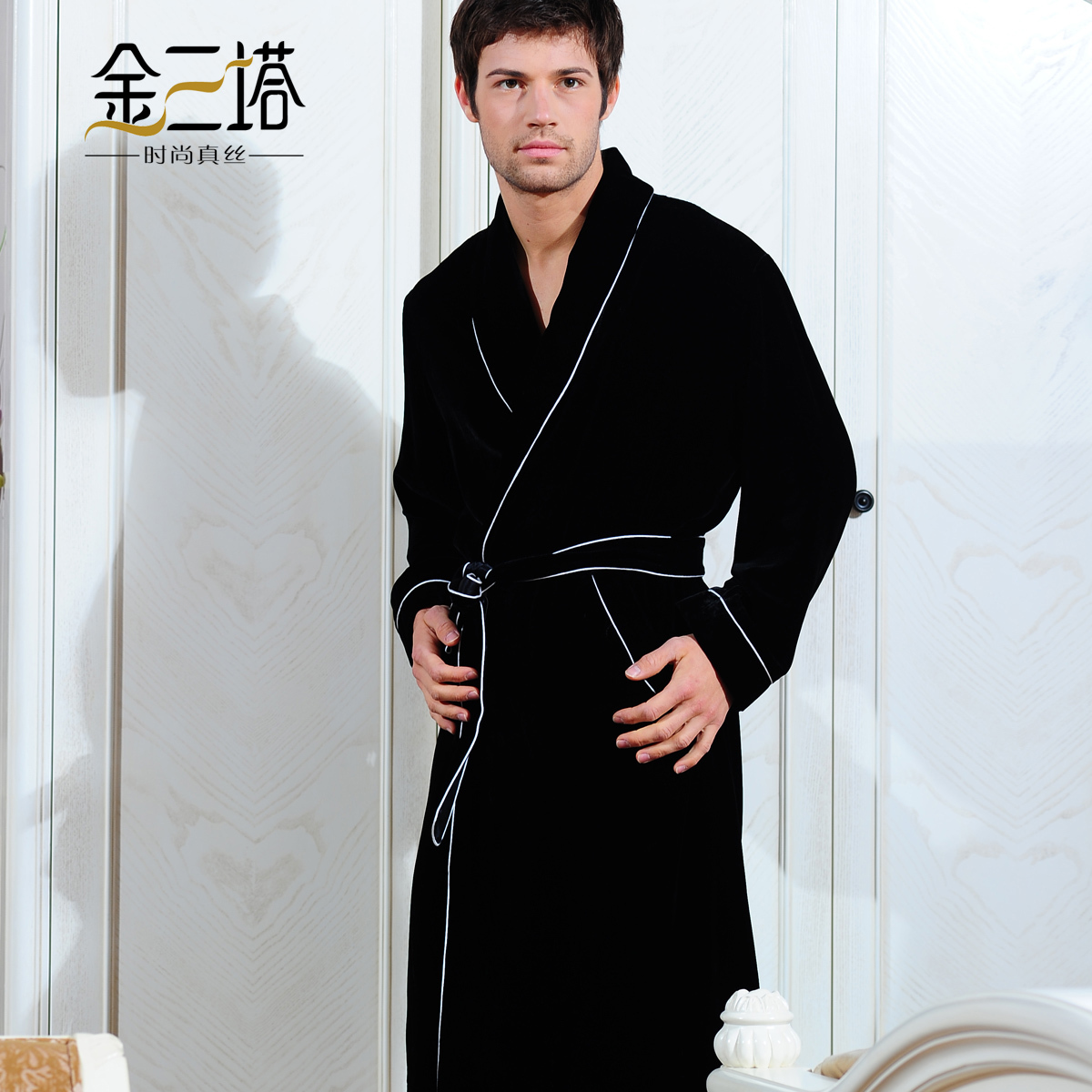 free shipping Sericiculture silk velvet men's color block border robe ysm-sy093