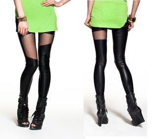 FREE SHIPPING SEwD-03012 2012 Women Black Yarn+Leather Look Sexy Metallic Punk Skinny Leggings/Tights