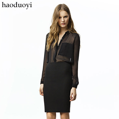 Free Shipping sex rivet decoration turn-down collar long-sleeve chiffon shirt black shirt 6 full