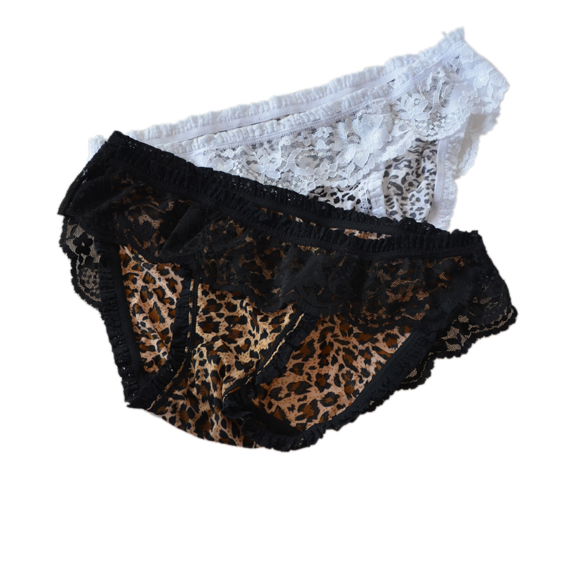 Free Shipping Sexy black lace breathable women's leopard print panties lace sexy temptation leopard print low-waist