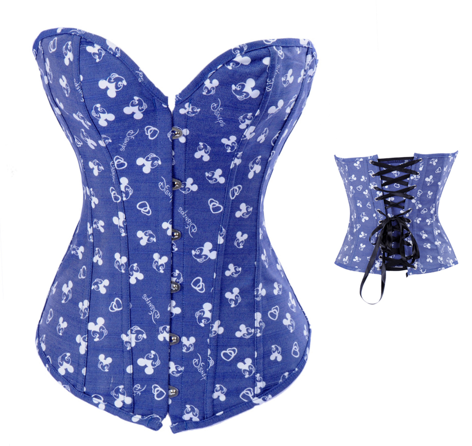 Free shipping,Sexy blue jeans  with Mickey Mouse  print lace up boned  corset busiter bodyshaper lingerie  S-2XL