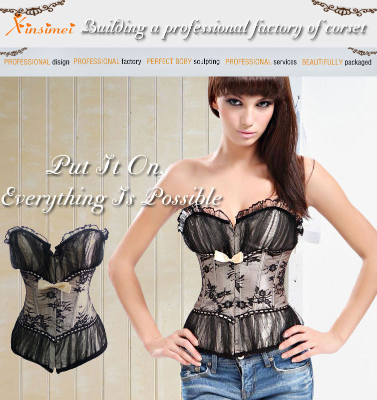 Free Shipping Sexy Body Slim Corset Women Boned Black Lace Bustier Corset+G string Set Lingerie S M L XL
