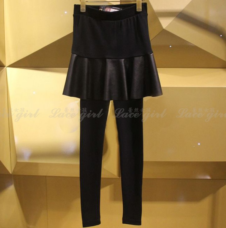 Free Shipping Sexy casual PU water washed leather skirt patchwork faux two piece leather skirt legging