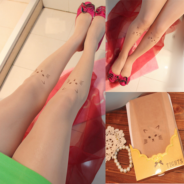 Free Shipping Sexy Cat Face Tattoo Pantyhose Transparent Sock Stockings Tights Leggings