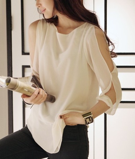 free shipping Sexy elegant women's strapless loose o-neck t-shirt chiffon top irregular chiffon shirt