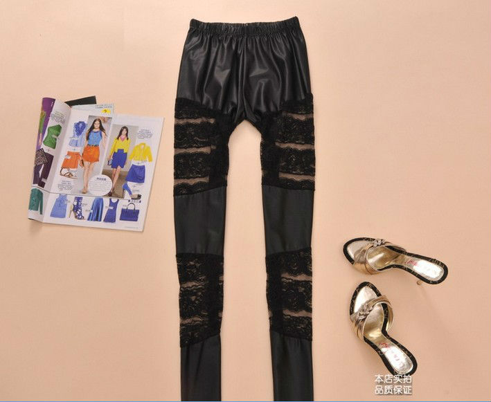 Free shipping Sexy fashion design show thin leggings pu leather mixed lace leather leggings wholesales