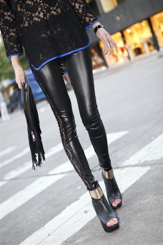 Free shipping  Sexy fashion tight pants show thin leggings   pu leather mixed lace leather leggings  lady leggings pants