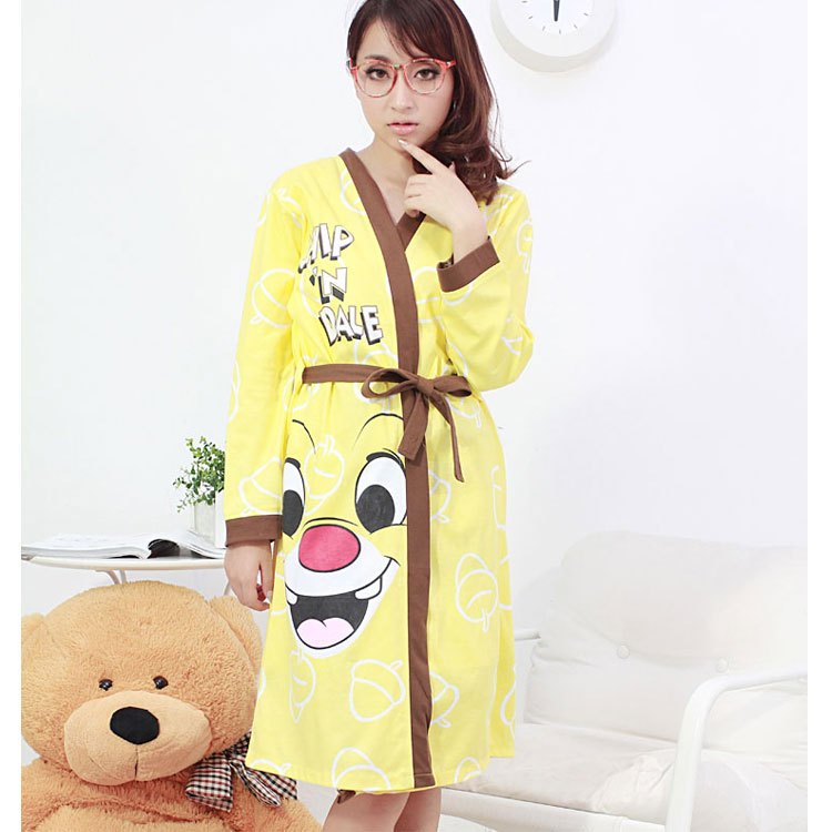 free shipping Sexy ! female 100% cotton long-sleeve cartoon letter squirrel pattern lacing robe sleepwear lounge spaghetti strap