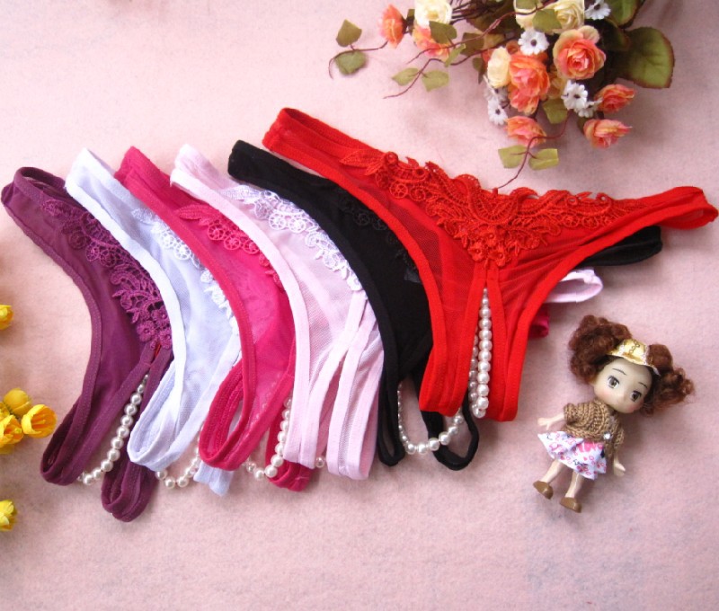 free shipping Sexy gauze women's seamless panties beaded open file transparent temptation thong t pearl open file