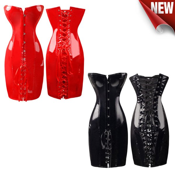 Free shipping Sexy Gothic Black Corset Dress PVC Vinyl Bustier top Clubwear G-string clubwear part dress 1277