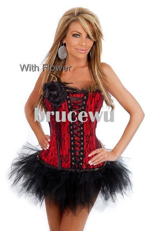 Free shipping Sexy Gothic Red Lace overlay Satin Overbust Corset sexy underwear G-String Tutu 3PCS wholesale retail 1328rwsal