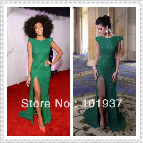 Free Shipping Sexy Green Split Short Sleeve Split Bateau Sequins Floor Length Red Carpet Evening Dresses 2013