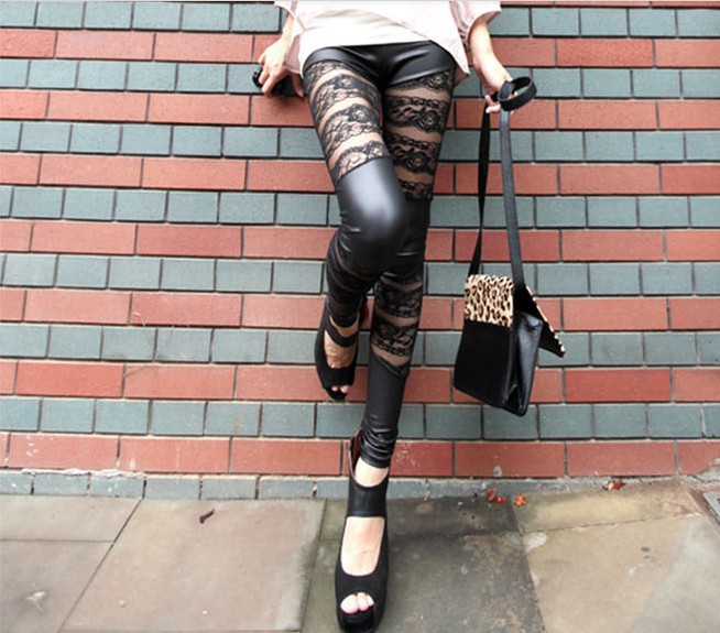 Free Shipping,sexy lace faux leather horizontal stripe double ankle length legging rose legging 2013 Spring hot !!