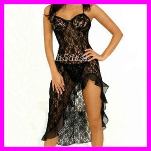 Free Shipping Sexy Lace Long Romantic Rose Dress Robe Lingerie Black