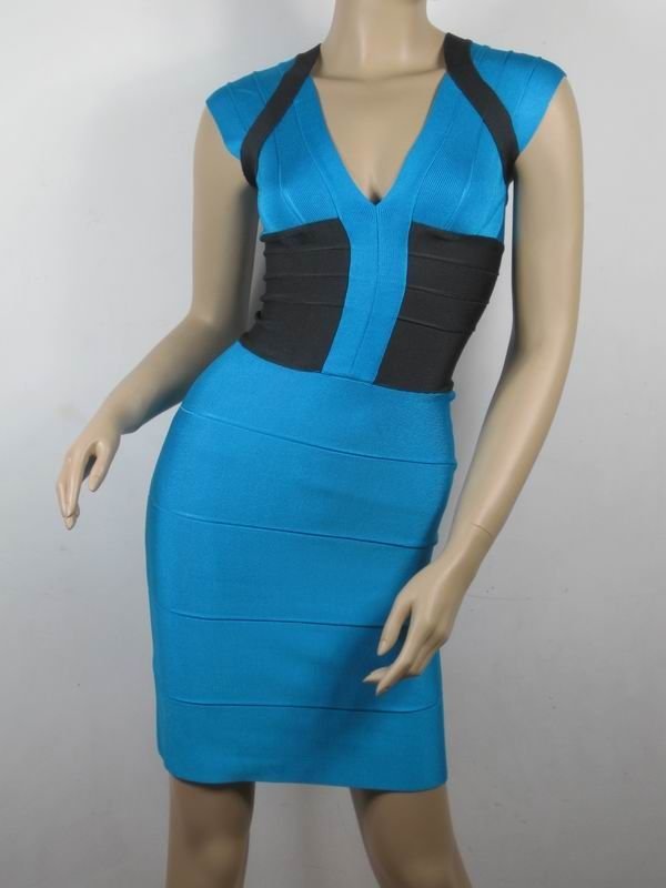 Free Shipping Sexy Ladies' Bodycon Bandage Dress H026 Blue + Black Waistband Sleeveless Party Dress