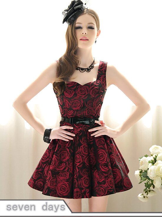 Free Shipping Sexy Lady Retro Style Rose Pattern Slim Big Hem Sleeveless Square Neck Dress CL042323WR