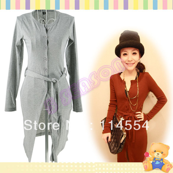 Free Shipping Sexy Lady Slim Long Sleeve Round Neck Button Down Cardigan Knit Dress 10158