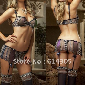 Free Shipping Sexy Lady Strap with Bows Patterns Bra+Dress+G-string+Garter belt 4PCS Intimate Underwear Sleepwear Free Size 8138