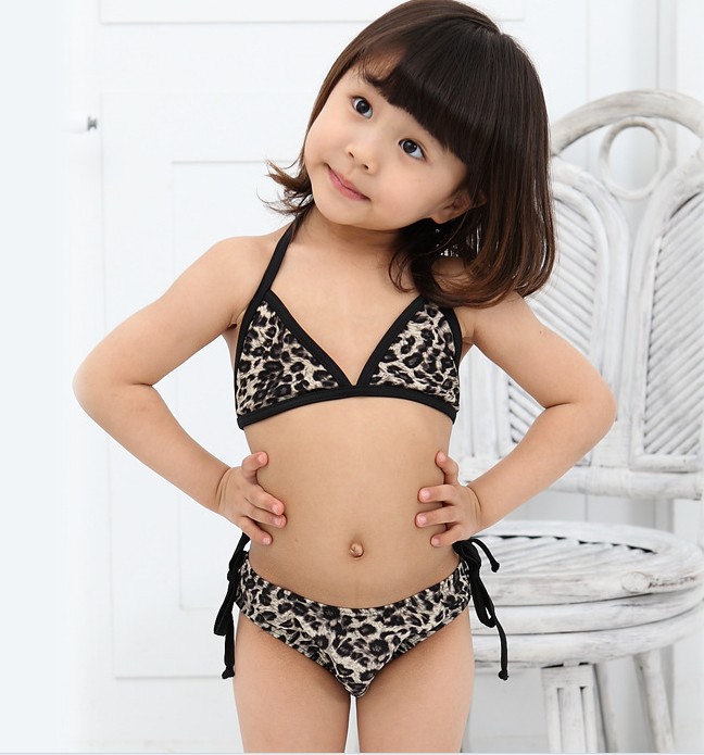 Free Shipping Sexy Leopard Girls Swimsuits Two Pieces Girls Bikini Set for Height 70cm to 120cm