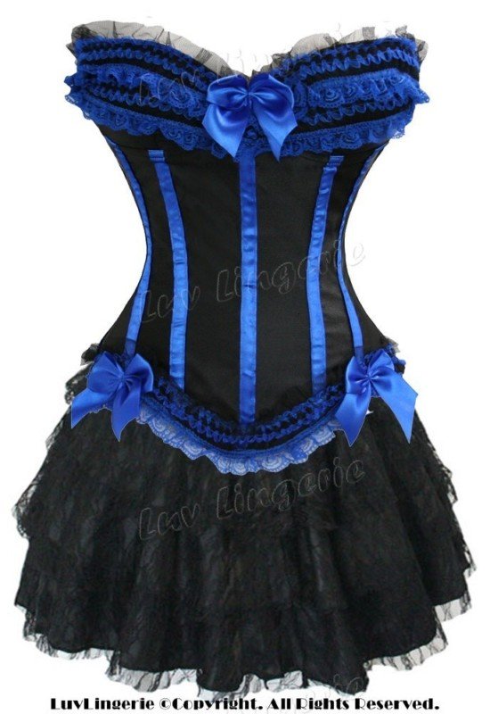 Free shipping! Sexy Lingerie Blue Corset Bustier with G-String+Mini Skirt