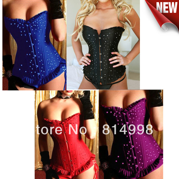 free shipping,sexy lingerie, blue/red/purple black corset,plus size victorian satin overbust cosrsets,sequins bustiers, shapers,