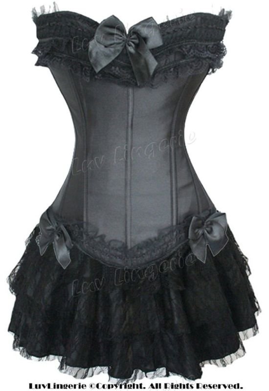 Free shipping! Sexy Lingerie body lift shaper Black Corset with Bra Cup Bustier+G-String+Mini Skirt