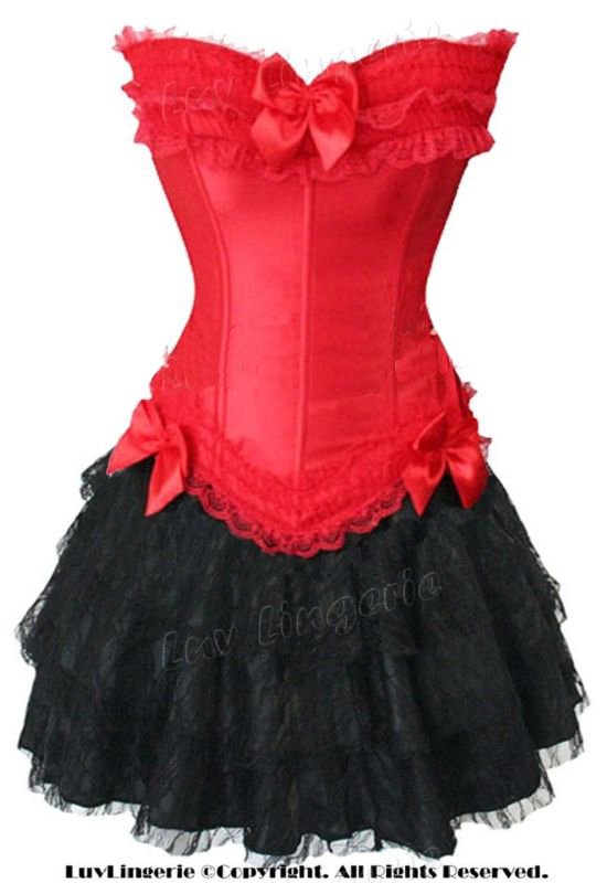 Free shipping! Sexy Lingerie body lift shaper Red Corset with Bra Cup Bustier+G-String+Mini Skirt