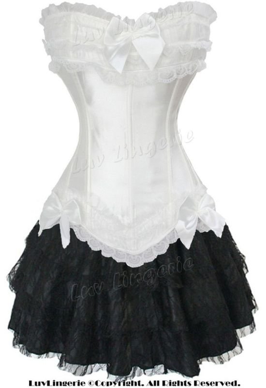 Free shipping! Sexy Lingerie body lift shaper White Corset with Bra Cup Bustier+G-String+Mini Skirt