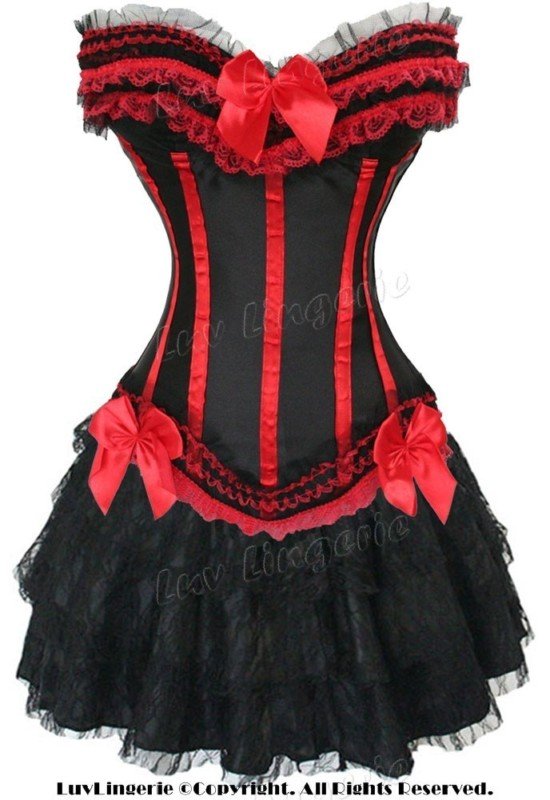 Free shipping!! sexy lingerie Elegant Black and Red Corset with G-string + Mini Skirt